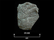 Brown-beige chipped stone shard in the shape of an irregular polygon. The number CR-348 and a scale of 1 unit:5 cm are shown below.