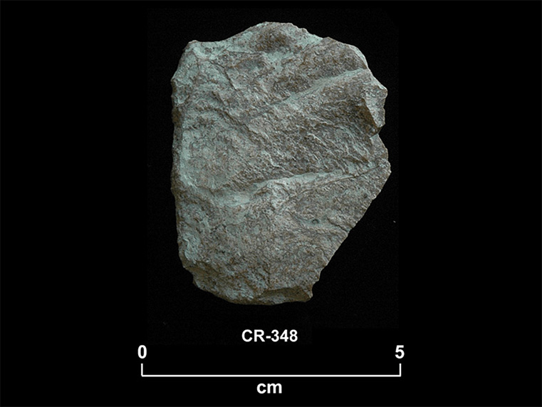 Éclat de pierre taillée brun-beige en forme de polygone irrégulier. La cote CR-348 et une échelle 0 à 5 centimètres sont inscrites en dessous.