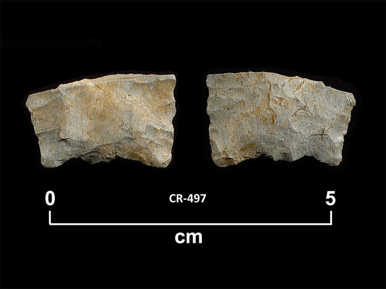 Two sides of a fragment of green-beige chipped stone. The base is slightly concave and only one face is fluted. The number CR-497 and a scale of 1 unit:5 cm are shown below.