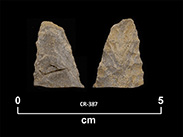 Two sides of a fragment of the distal part of brown-beige chipped stone point with the tip of the fluted shard visible on one face only. The number CR-387 and a scale of 1 unit:5 cm are shown below.