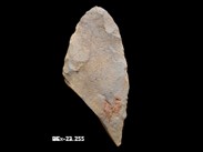 Fragment of the distal part of a beige, lance-shaped chipped stone point. It is broken at an oblique angle. The number BiEx-23.255 is inscribed on the bottom.