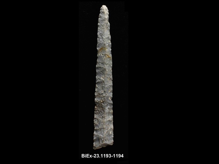 Longue pierre taillée altérée de couleur grise, composée de deux fragments. La forme est linéaire.  La cote BiEx-23.1193-1194 est inscrite en dessous.