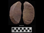 Deux faces d’une pierre taillée rougeâtre. La forme de la pierre est plus ou moins ovale. La cote BiEx-23.1229 est inscrite en dessous. Au bas de l’image, il y a une échelle photographique, avec des carrés noirs et blancs.