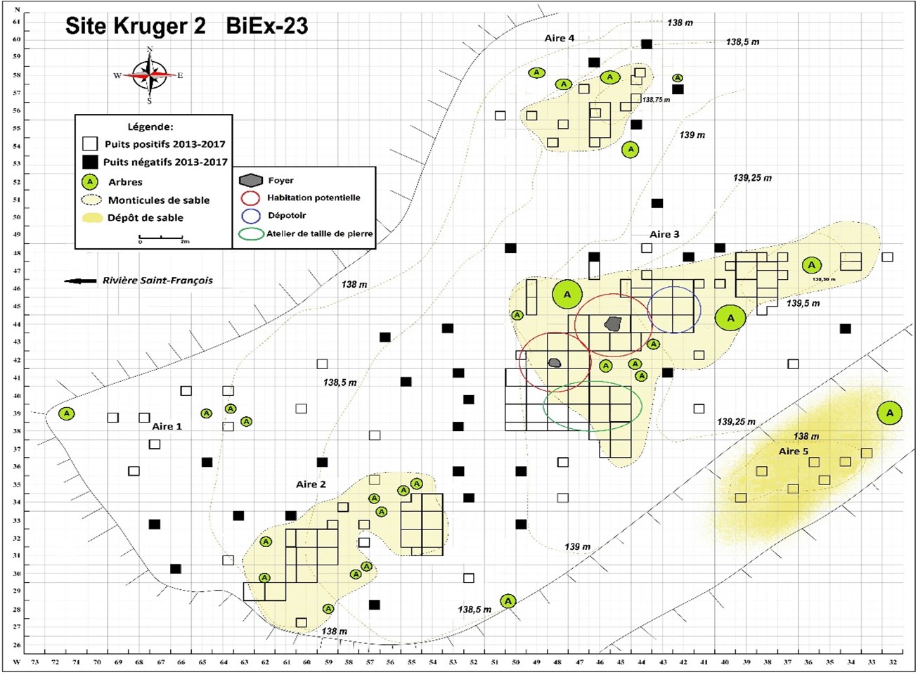 Plan quadrillé du site Kruger 2 BiEx-23 avec courbes topographiques des cinq aires de sites fouillés. Les icones de la légende démontent : des carrés blancs (puits positifs); des carrés noirs (puits négatifs); des cercles verts (arbres) et des taches jaunes (dépôts de sable).