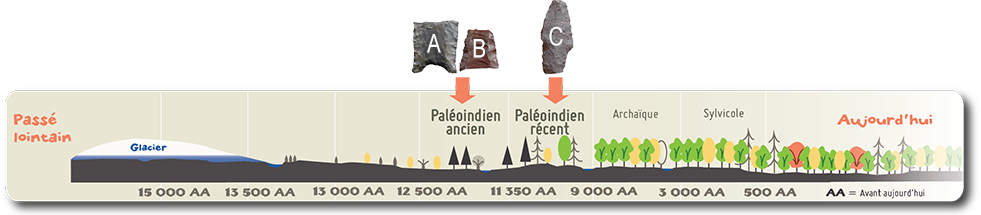 Les artefacts A et B représentent deux fragments de pointe avec cannelure de type Clovis datant du Paléoindien ancien.