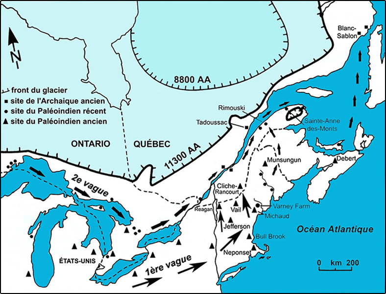 Map of the first waves of migration in eastern North America.