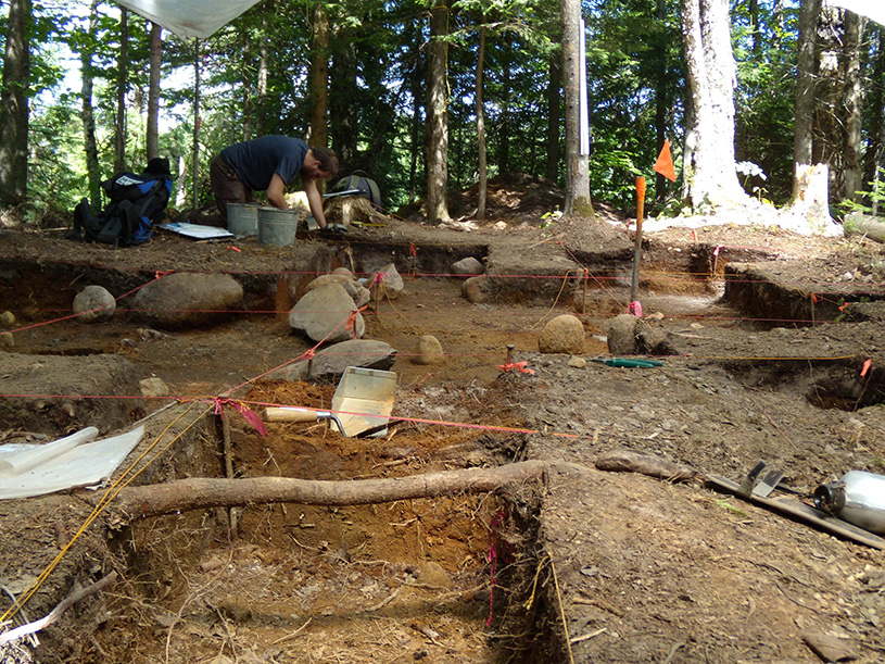 Vue au ras du sol d’un espace de fouille excavé dans un sous-bois. Présence de roches et d’une racine en premier plan. Un fouilleur et des arbres en arrière-plan.  Il y a une personne sur la photo.