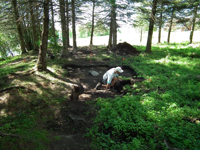 A person crouching in an excavation square located in a wooded area. There is a stream and trees in the background.