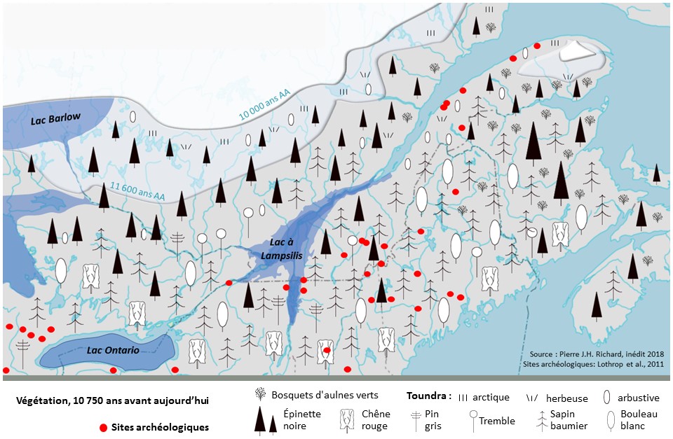 Map of eastern North America. Indicated are a number of lakes and symbols representing the vegetation 10 750 years ago: Small stands of green alders; grassy and shrubby Arctic tundra; black spruce; red oak; jack pine; aspen; balsam fir; white birch.