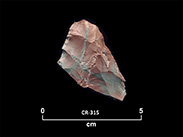 Reddish and green chipped stone fragment, in the shape of an irregular triangle with a rounded point. The number CR-315 and a scale of 1 unit:5 cm are shown below.
