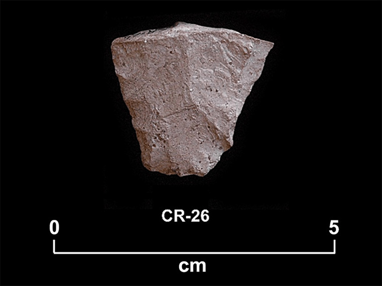 Fragment altéré de pierre taillée blanche à la base droite et aux bords divergents. La cote CR-26 et une échelle 0 à 5 centimètres sont inscrites en dessous.
