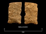 Deux faces d’une pierre taillée rectangulaire de couleur ocre. La base est légèrement concave et le dessus, légèrement oblique. La cote BkEu-8.2243 est inscrite en dessous. Au bas de l'image, il y a une échelle graphique de 0 à 5 centimètres.