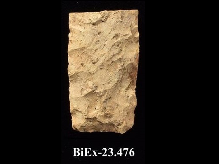 Fragment de pierre taillée blanchâtre de forme rectangulaire avec des côtés tranchants. La cote BiEx-23.476 est inscrite en dessous.