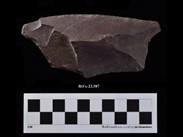 Chipped stone shard of a reddish colour, in an irregular polygon shape, of greater width than height. The top has been tapered. The number BiEx-23.587 is inscribed on the bottom. Below the image is a photographic scale with black and white squares.